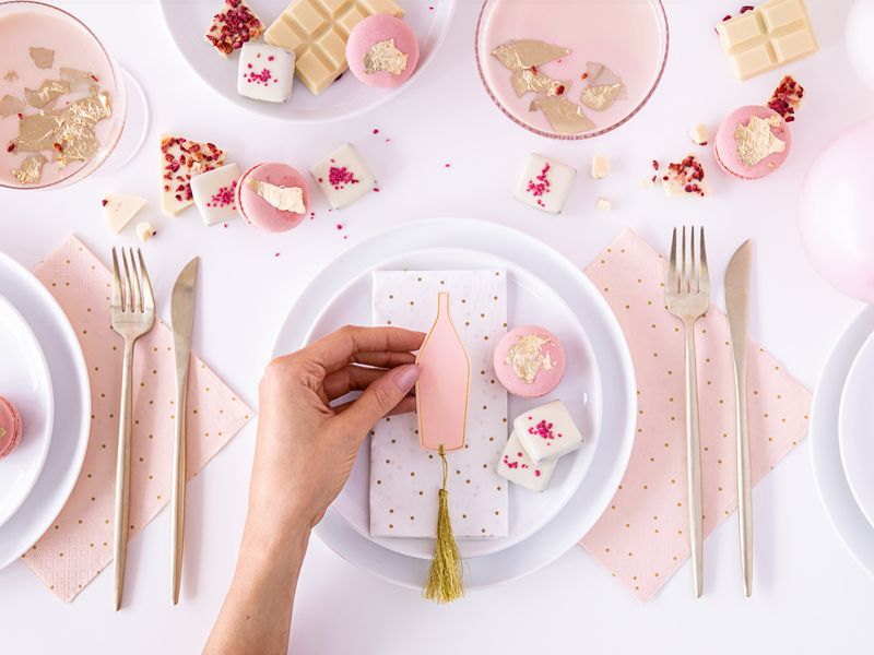 Bordkort rosa flaske med dusk 6 stk