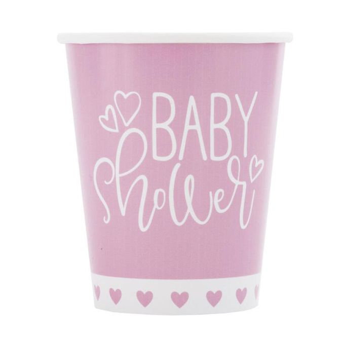 Hovedbilde Pappkopper Pink Hearts Baby Shower  8 stk.