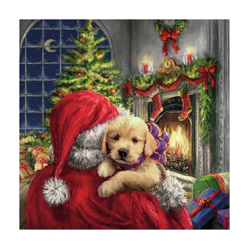 Lunsjserviett valp foran peis